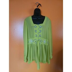 Ashro Chartreuse Green Bohemian Ruffle Babydoll Beaded Tunic Size XL